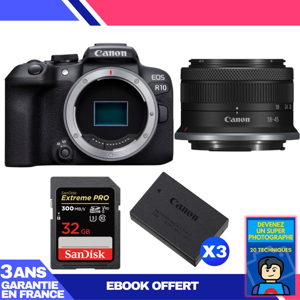 Kit Canon EOS R10 avec objectif RF-S 18-45mm + carte SanDisk 32Go + batteries LP-E17 + ebook 'Devenez Un Super Photographe'