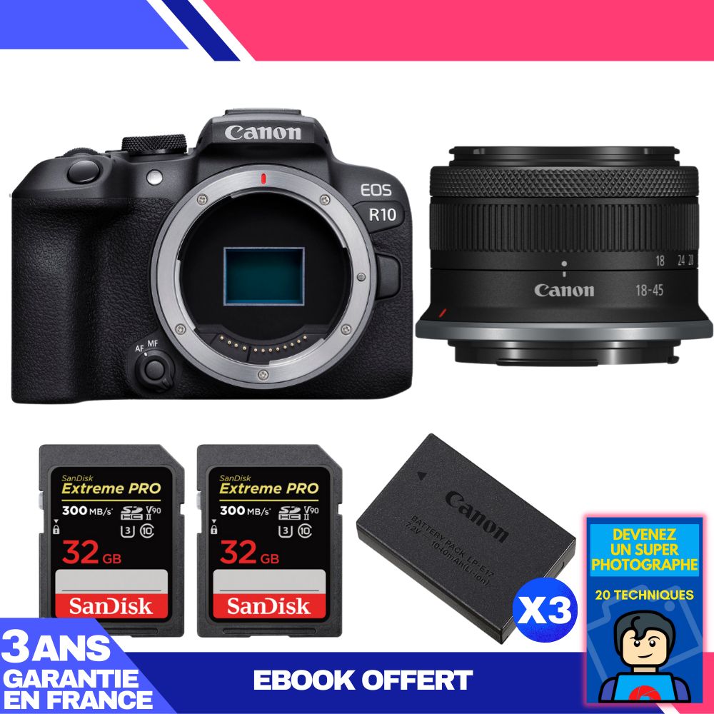 Appareil photo hybride Canon EOS R10 + objectif RF-S 18-45mm F4.5-6.3 IS STM + 2 cartes SD SanDisk Extreme PRO 32 Go UHS-II + 3 batteries Canon LP-E17