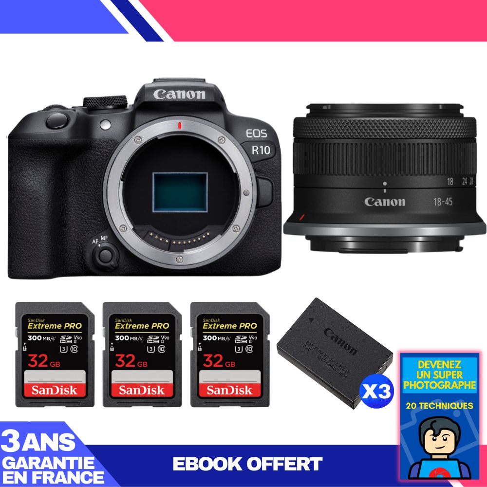 Kit Canon EOS R10 avec objectif RF-S 18-45mm et cartes mémoire SanDisk