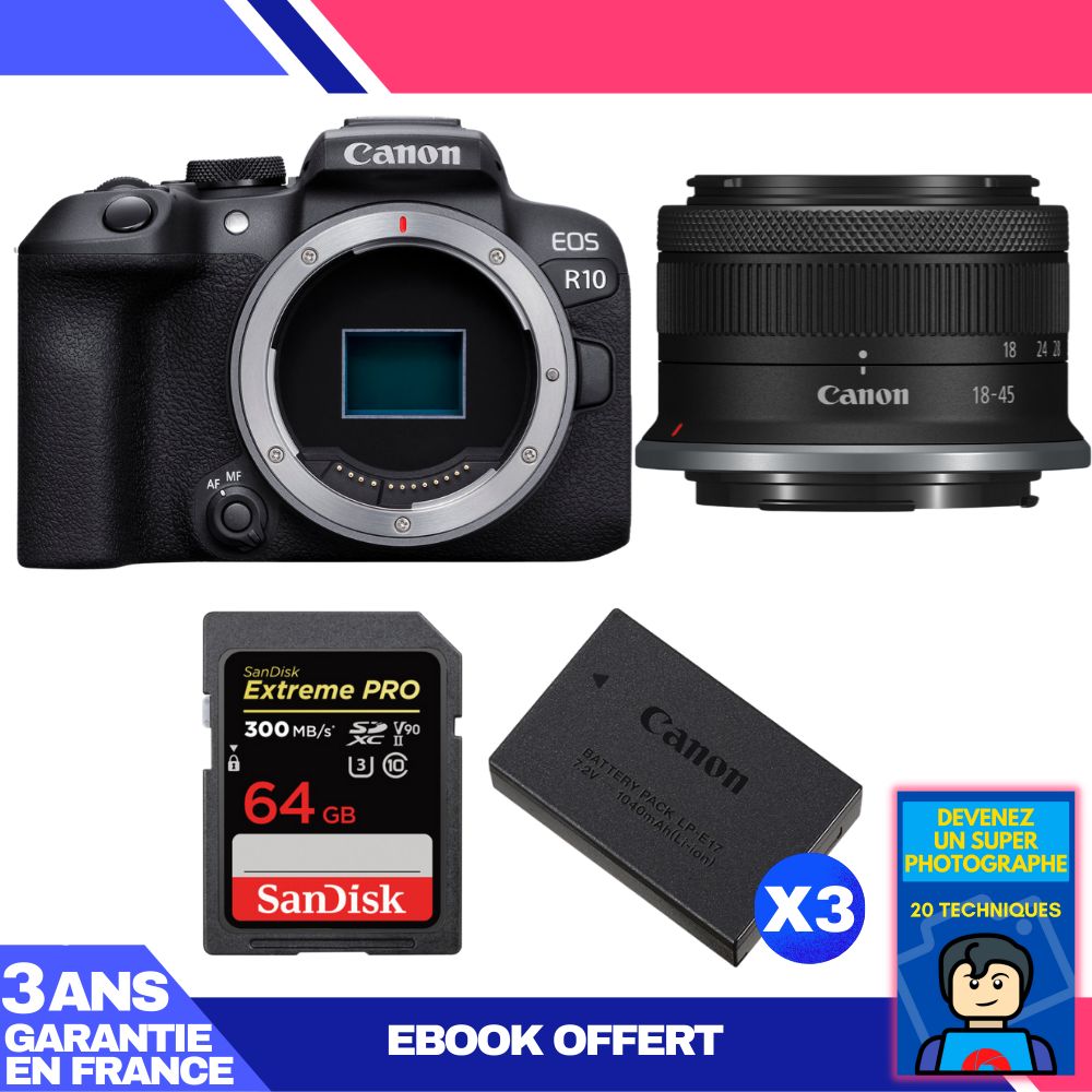 Canon EOS R10 + objectif RF-S 18-45mm f/4,5-6,3 IS STM + carte SD 64 Go Sandisk Extreme PRO UHS-II + 3 batteries Canon LP-E17