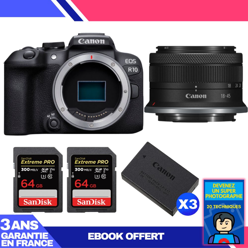Canon EOS R10 + objectif RF-S 18-45mm F4.5-6.3 IS STM + 2 cartes SanDisk 64 Go Extreme PRO UHS-II SDXC + 3 batteries Canon LP-E17 + ebook : Devenez un super photographe