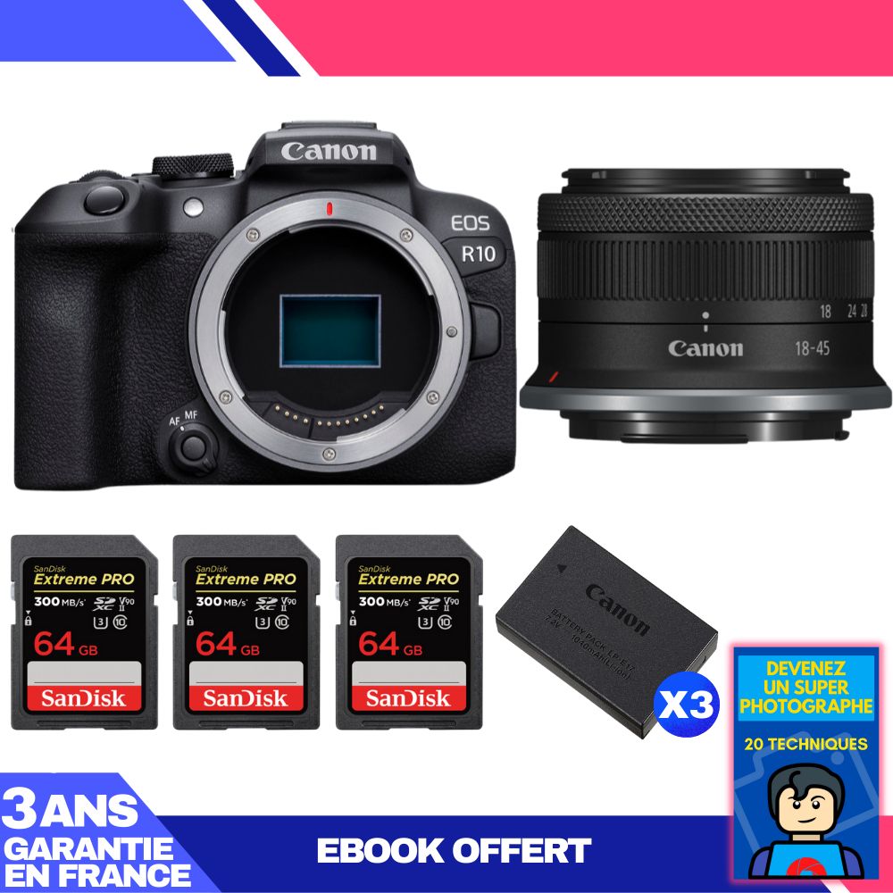 Kit Canon EOS R10 avec objectif RF-S 18-45mm + 3 cartes SanDisk Extreme PRO 64 Go + 3 batteries Canon LP-E17 + ebook 'Devenez Un Super Photographe'