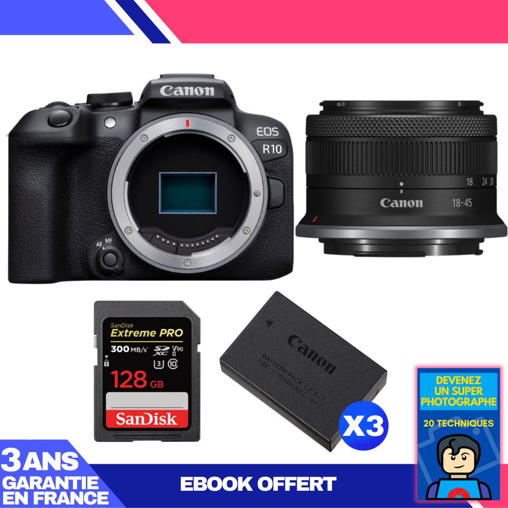 Kit appareil photo Canon EOS R10 avec objectif RF-S 18-45mm et carte SD 128 Go SanDisk Extreme PRO + 3 batteries + ebook