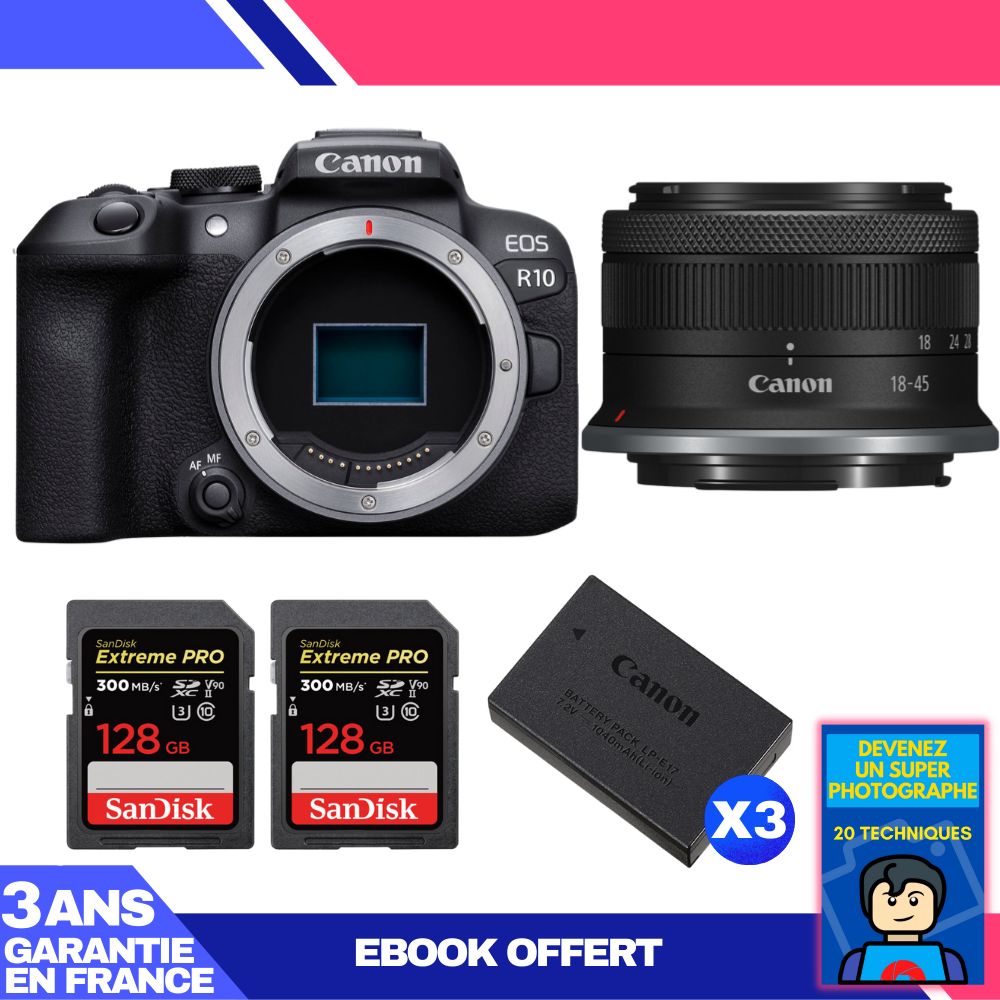 Kit Canon EOS R10 avec objectif RF-S 18-45mm et cartes mémoire SanDisk