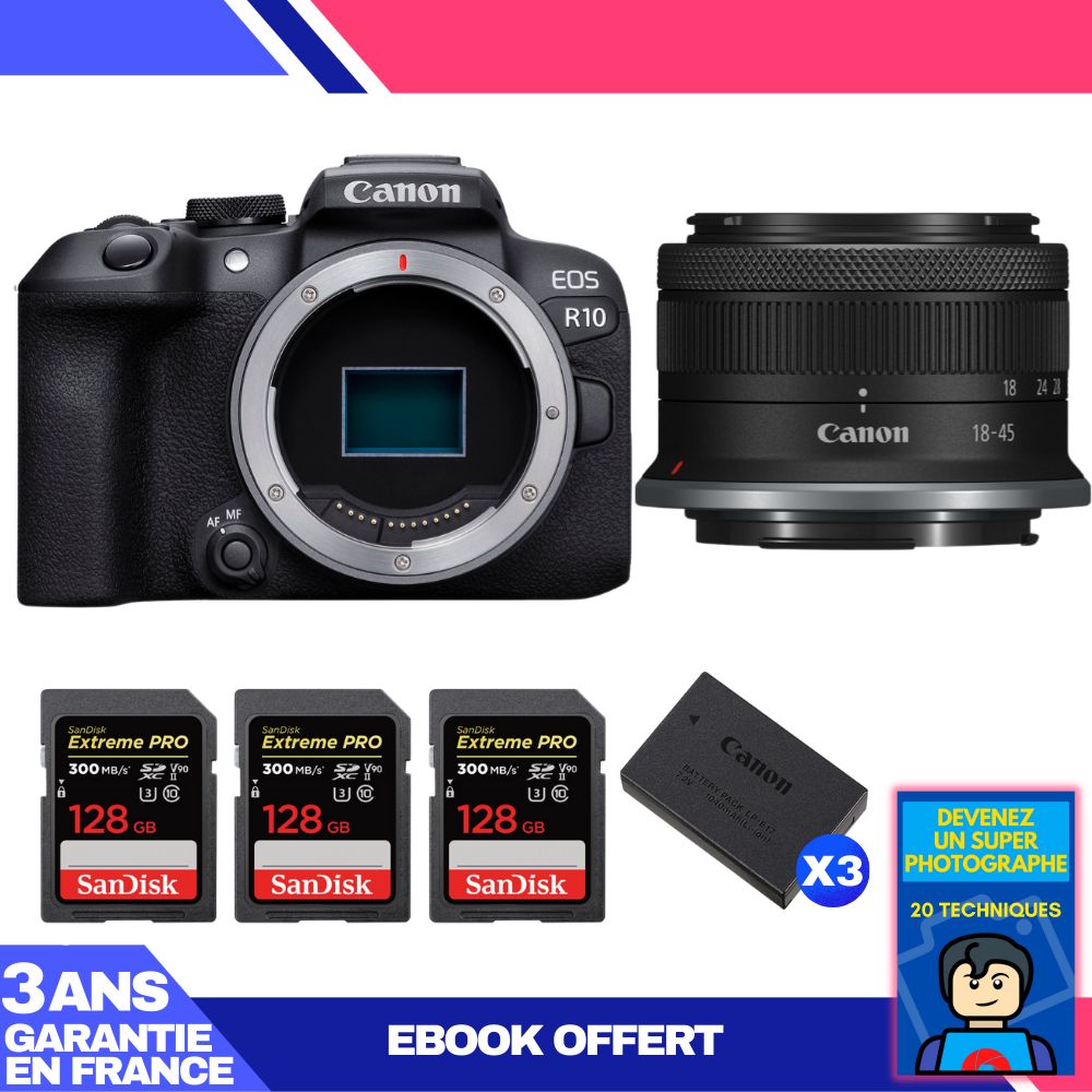 Kit Canon EOS R10 avec objectif RF-S 18-45mm et cartes SanDisk