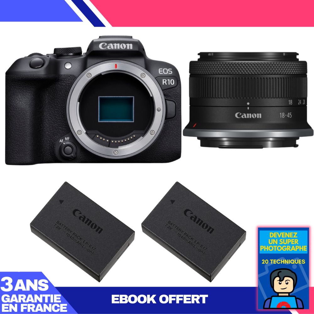 Kit Canon EOS R10 avec objectif RF-S 18-45mm f/4,5-6,3 IS STM + 2 batteries Canon LP-E17 + ebook 'Devenez un super photographe'