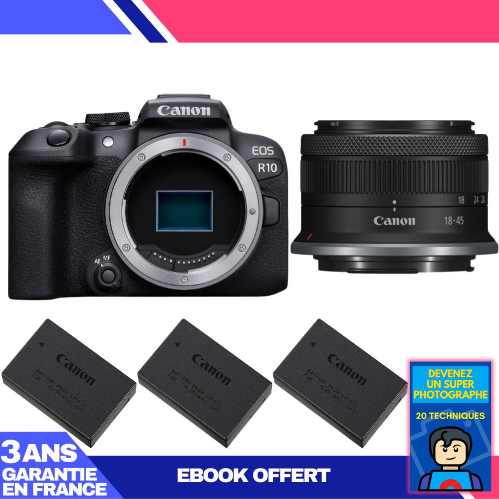 Kit Canon EOS R10 avec objectif RF-S 18-45mm f/4.5-6.3 IS STM + 3 batteries LP-E17 Canon + ebook 'Devenez un photographe super'