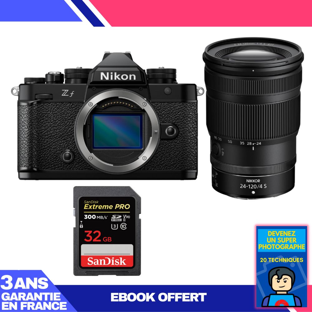 Boîtier Nikon Zf + Objectif 24-120mm f/4 S + Carte SD 32 Go SanDisk Extreme PRO UHS-II + Guide 'Devenez un Photographe Suprême'
