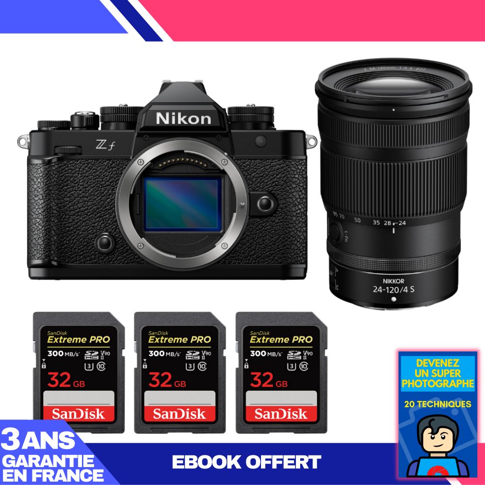 Nikon Zf Camera + 24-120mm f/4 S Lens + 3 SanDisk 32GB Extreme PRO UHS-II SDXC Cards + Ebook: Become a Super Photographer