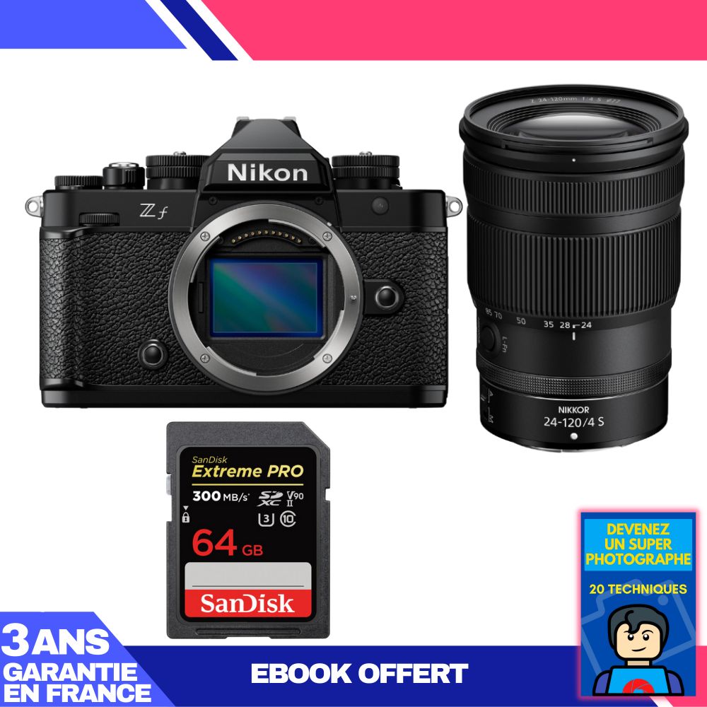 Boîtier Nikon Zf + Objectif 24-120mm f/4 S + Carte SD 64 Go Sandisk Extreme PRO UHS-II + Ebook 'Devenez un Photographe Suprême'