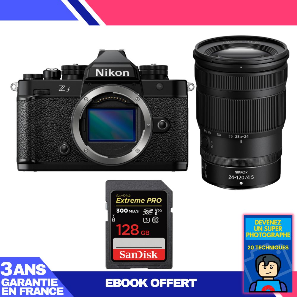 Appareil photo Nikon Zf + Objectif 24-120mm f/4 S + Carte SD 128 Go SanDisk Extreme PRO + Livre électronique 'Devenez un Photographe Super'