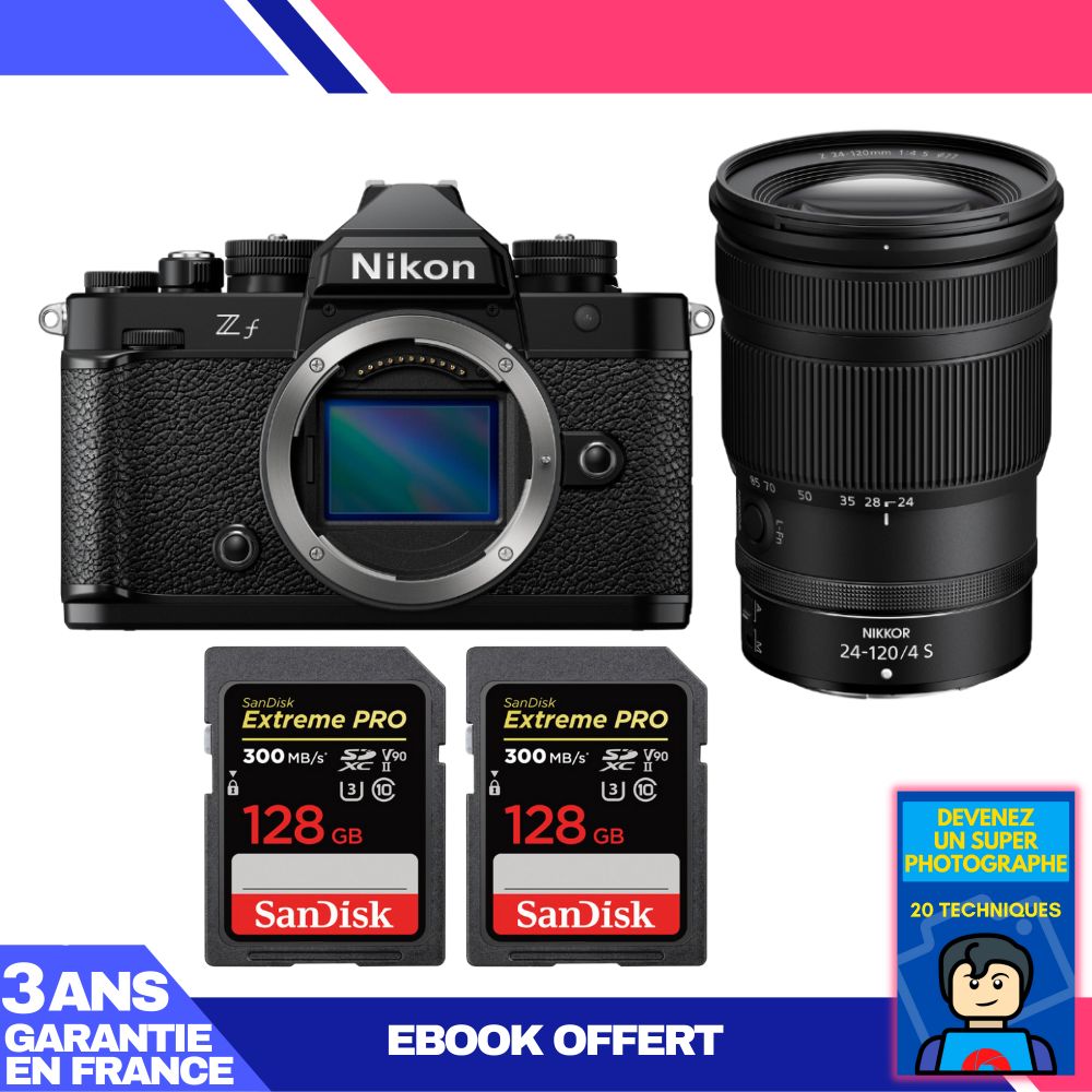 Nikon Zf Camera + 24-120mm f/4 S Lens + 2 SanDisk 128GB Extreme PRO UHS-II SDXC Cards + 'Become a Super Photographer' Ebook