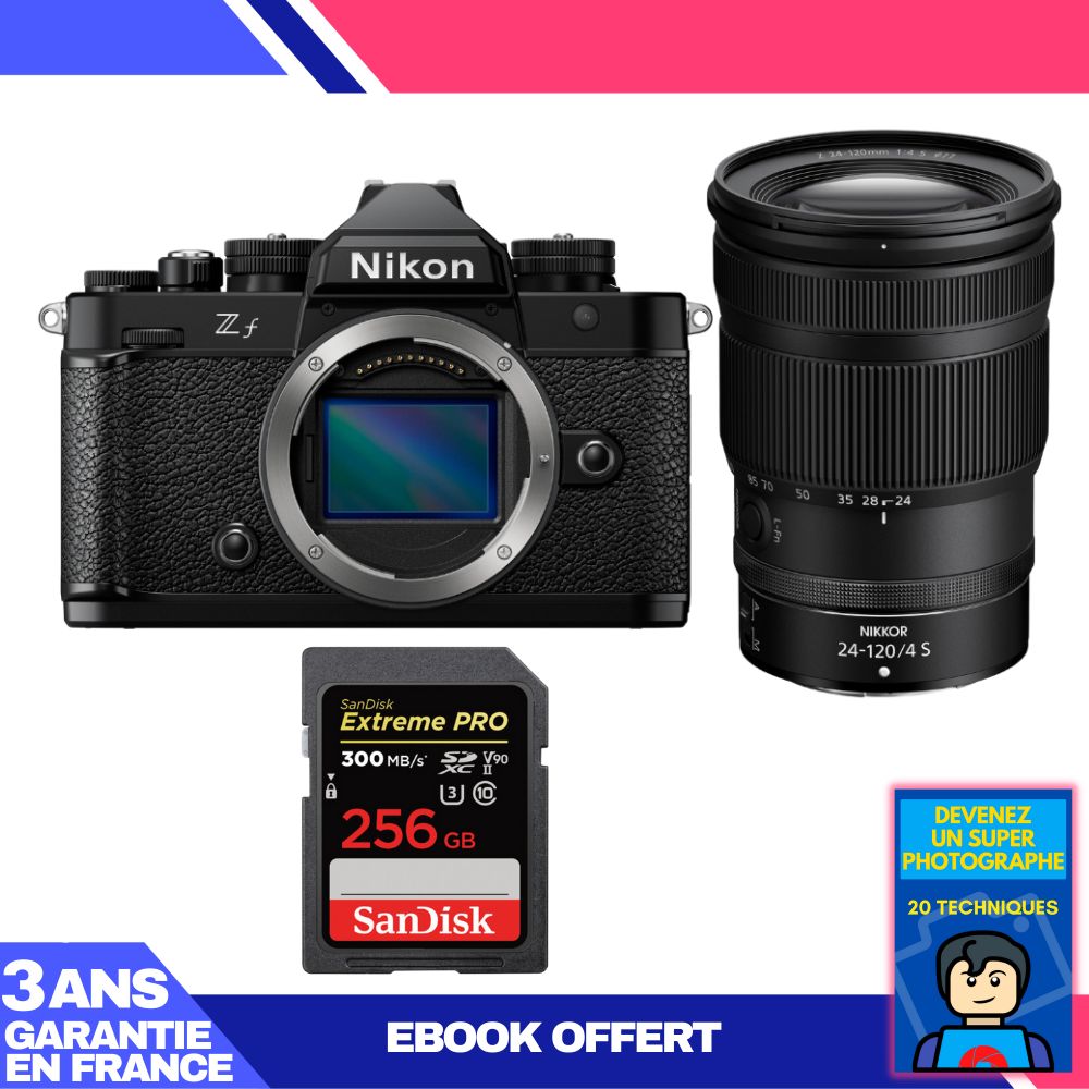 Appareil photo Nikon Zf avec objectif 24-120 mm f/4 S + carte SD SanDisk 256 Go Extreme PRO + ebook : Devenez un super photographe