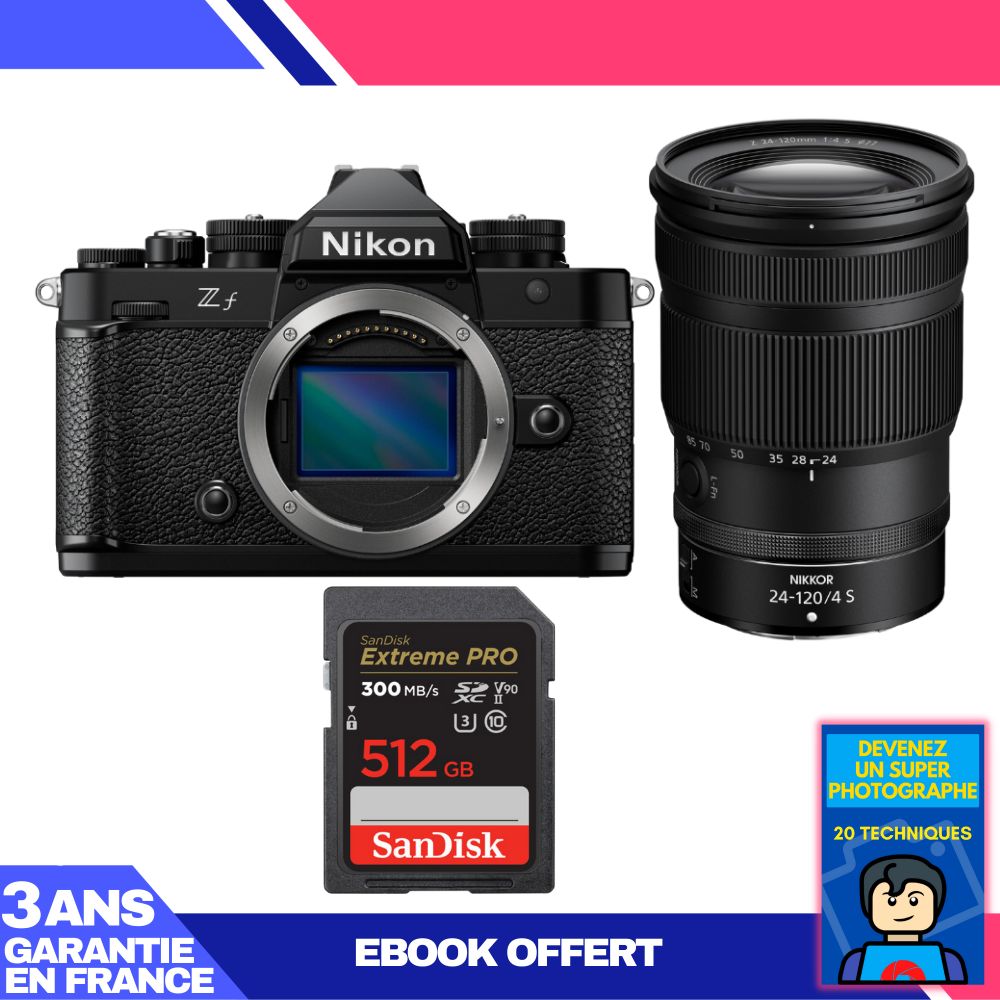 Appareil photo Nikon Zf avec objectif 24-120 mm f/4 S + carte SD 512 Go Sandisk Extreme PRO + ebook : Devenez un super photographe