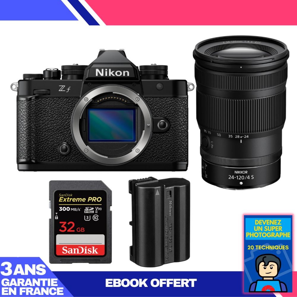 Appareil photo Nikon Zf + Objectif 24-120mm f/4 S + Carte SD 32 Go SanDisk Extreme PRO UHS-II + Batterie EN-EL15C + Livre électronique : Devenez un photographe exceptionnel