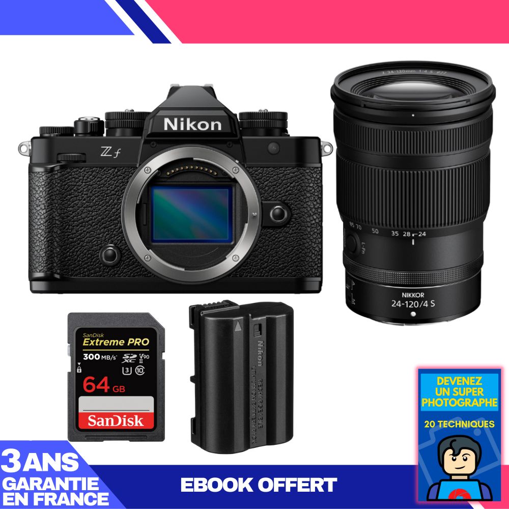 Appareil photo Nikon Zf hybride + objectif 24-120mm f/4 S + carte SD 64 Go Sandisk Extreme PRO + batterie EN-EL15C + ebook