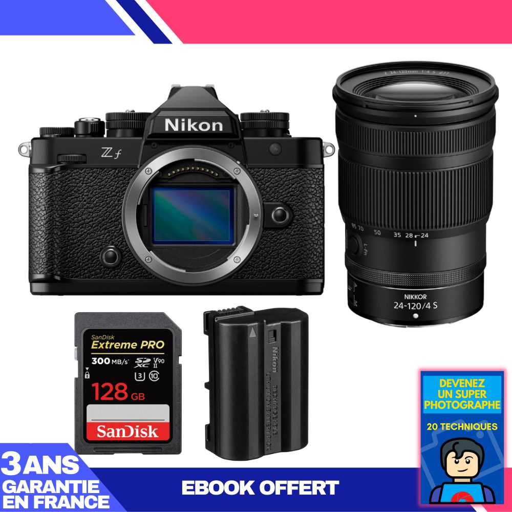 Appareil photo Nikon Zf + Objectif 24-120mm f/4 S + 1 Carte SanDisk 128 Go Extreme PRO UHS-II SDXC 300 Mo/s + 1 Batterie Nikon EN-EL15C + Ebook - Devenez un Photographe Expert
