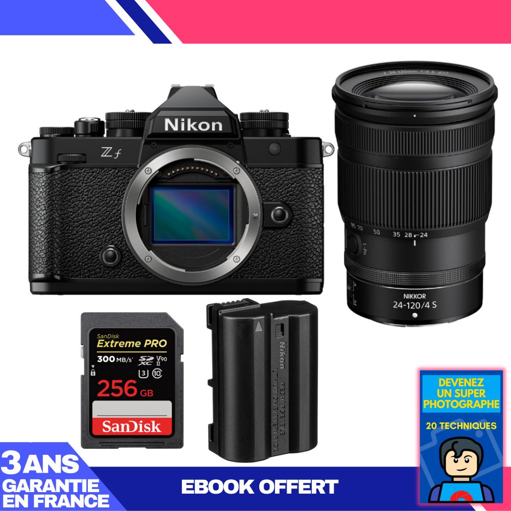 Appareil photo Nikon Zf + Objectif 24-120mm f/4 S + 1 Carte SanDisk 256 Go Extreme PRO UHS-II SDXC 300 Mo/s + 1 Batterie Nikon EN-EL15C + Ebook 'Devenez Un Super Photographe'