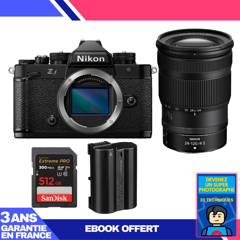 Appareil photo Nikon Zf + Objectif 24-120mm f/4 S + Carte SD 512Go SanDisk Extreme PRO UHS-II + Batterie EN-EL15C + Ebook - Devenez un Photographe Extraordinaire