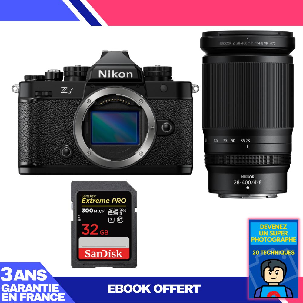 Appareil photo Nikon Zf + Objectif 28-400mm f/4-8 VR + Carte SD 32 Go SanDisk Extreme PRO UHS-II + Ebook 'Devenez un Photographe Suprême'