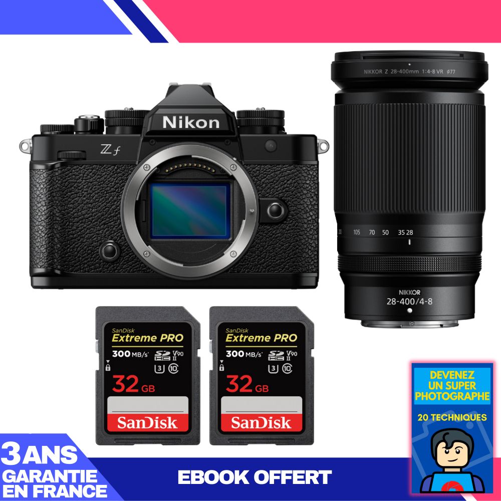 Nikon Zf Camera + 28-400mm f/4-8 VR Lens + 2 SanDisk 32GB Extreme PRO UHS-II SDXC Cards + 'Become a Super Photographer' Ebook