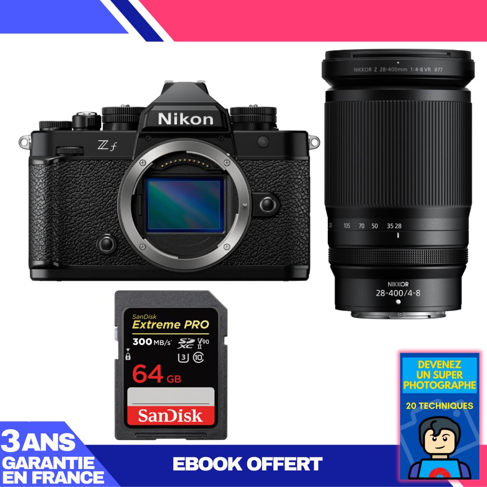 Appareil photo Nikon Zf + Objectif 28-400mm f/4-8 VR + Carte SanDisk 64 Go Extreme PRO UHS-II SDXC (300 Mo/s) + Livre électronique 'Devenez un super photographe'