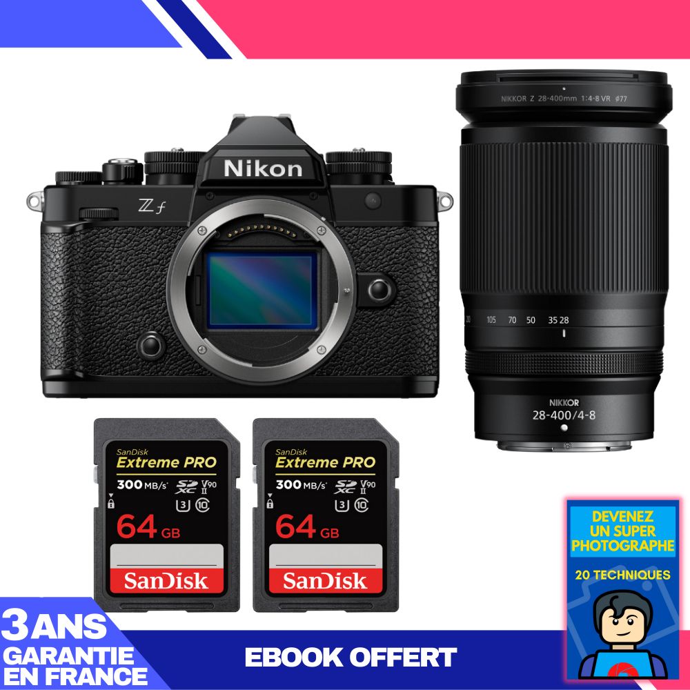 Nikon Zf Camera + 28-400mm f/4-8 VR Lens + 2 SanDisk 64GB Extreme PRO UHS-II SDXC Cards + Ebook: Become a Super Photographer