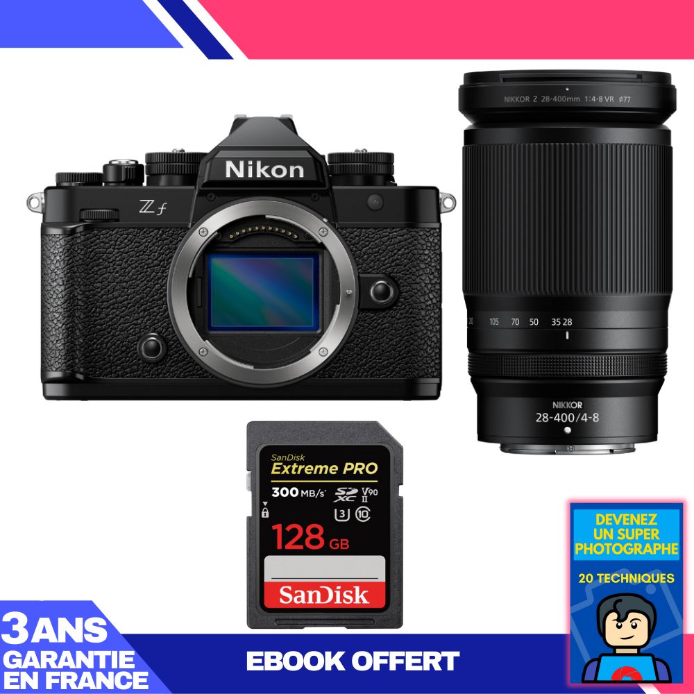 Appareil photo Nikon Zf avec objectif 28-400mm f/4-8 VR et carte SD Sandisk de 128 Go