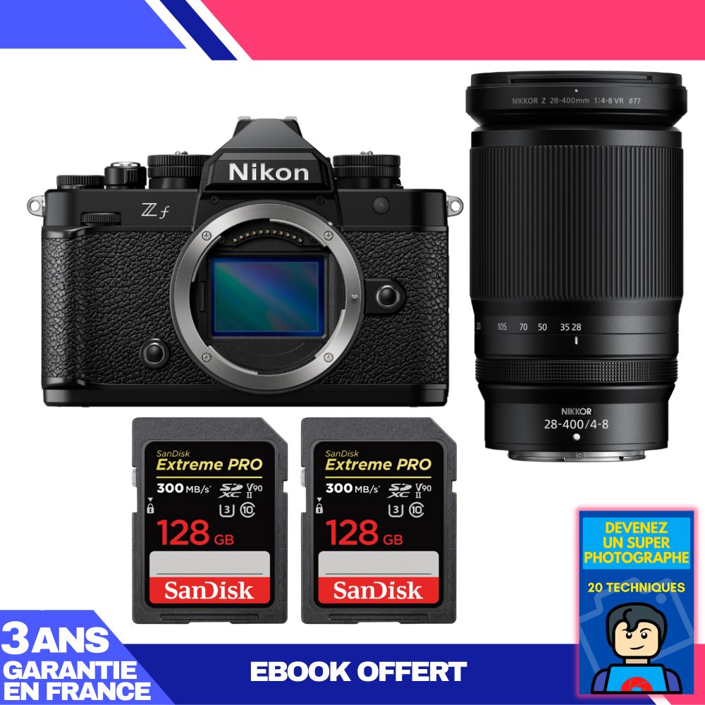 Nikon Zf Camera Kit with 28-400mm f/4-8 VR Lens + 2 SanDisk 128GB Extreme PRO SD Cards + 'Become a Super Photographer' Ebook