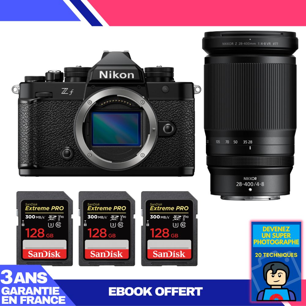 Nikon Zf Camera Kit with 28-400mm f/4-8 VR Lens + 3 SanDisk 128GB Extreme PRO UHS-II SDXC Cards