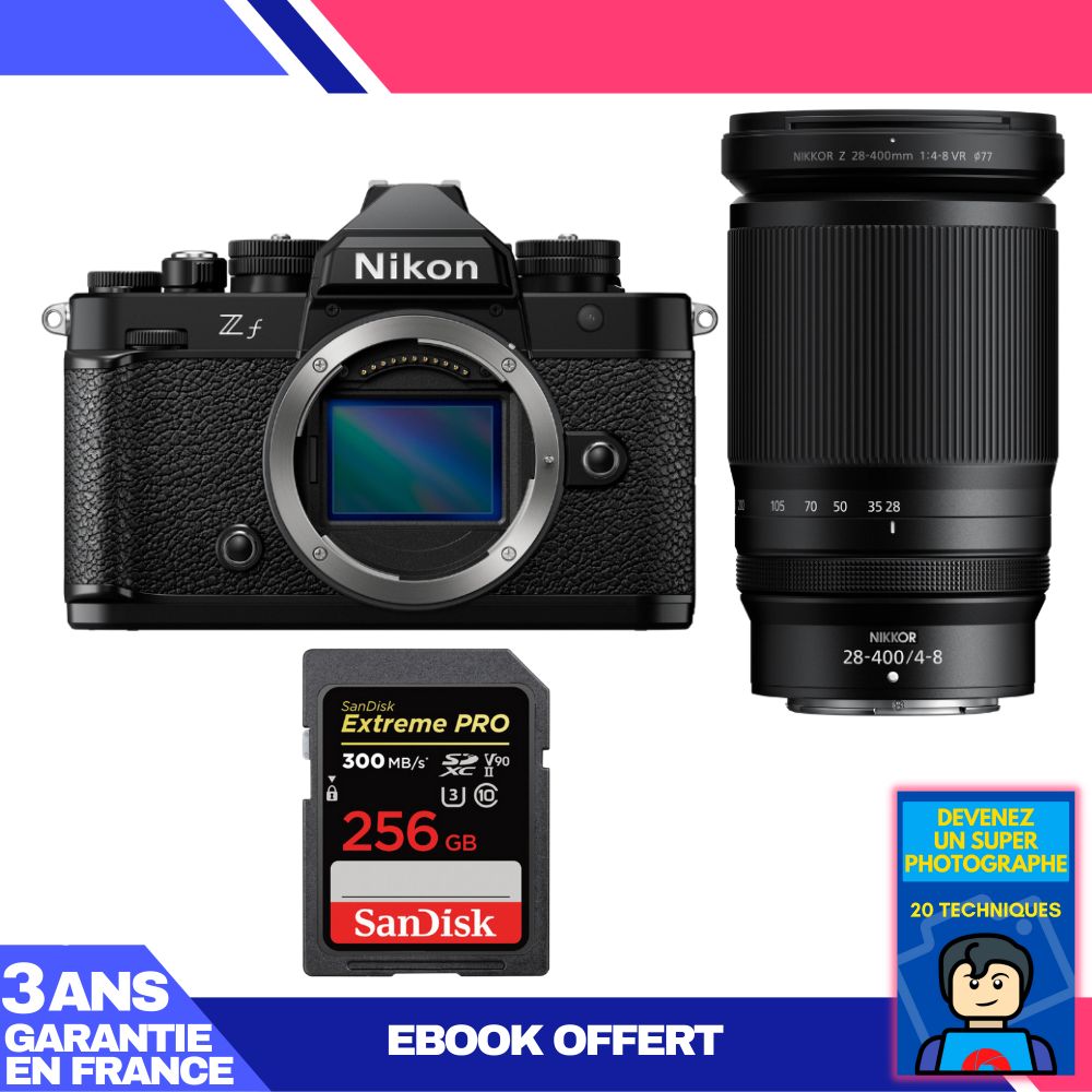 Appareil photo Nikon Zf + Objectif 28-400mm f/4-8 VR + Carte SanDisk 256 Go Extreme PRO UHS-II SDXC (300 Mo/s) + Livre électronique 'Devenez un super photographe'