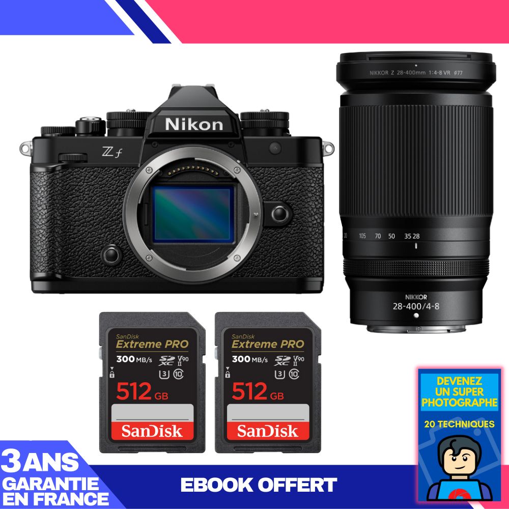 Nikon Zf Camera + 28-400mm f/4-8 VR Lens + 2 SanDisk 512GB Extreme PRO UHS-II SDXC Cards + Ebook: Become a Super Photographer