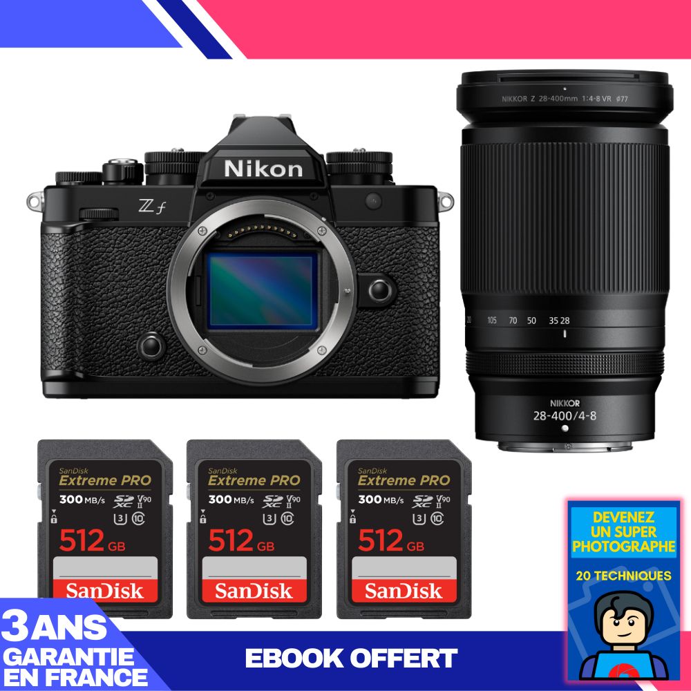 Nikon Zf Camera + 28-400mm f/4-8 VR Lens + 3 SanDisk 512GB Extreme PRO UHS-II SDXC Cards + 'Become a Super Photographer' Ebook
