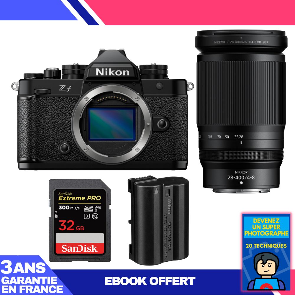 Appareil photo Nikon Zf avec objectif 28-400mm f/4-8 VR + carte SD Sandisk 32 Go Extreme PRO + batterie Nikon EN-EL15C
