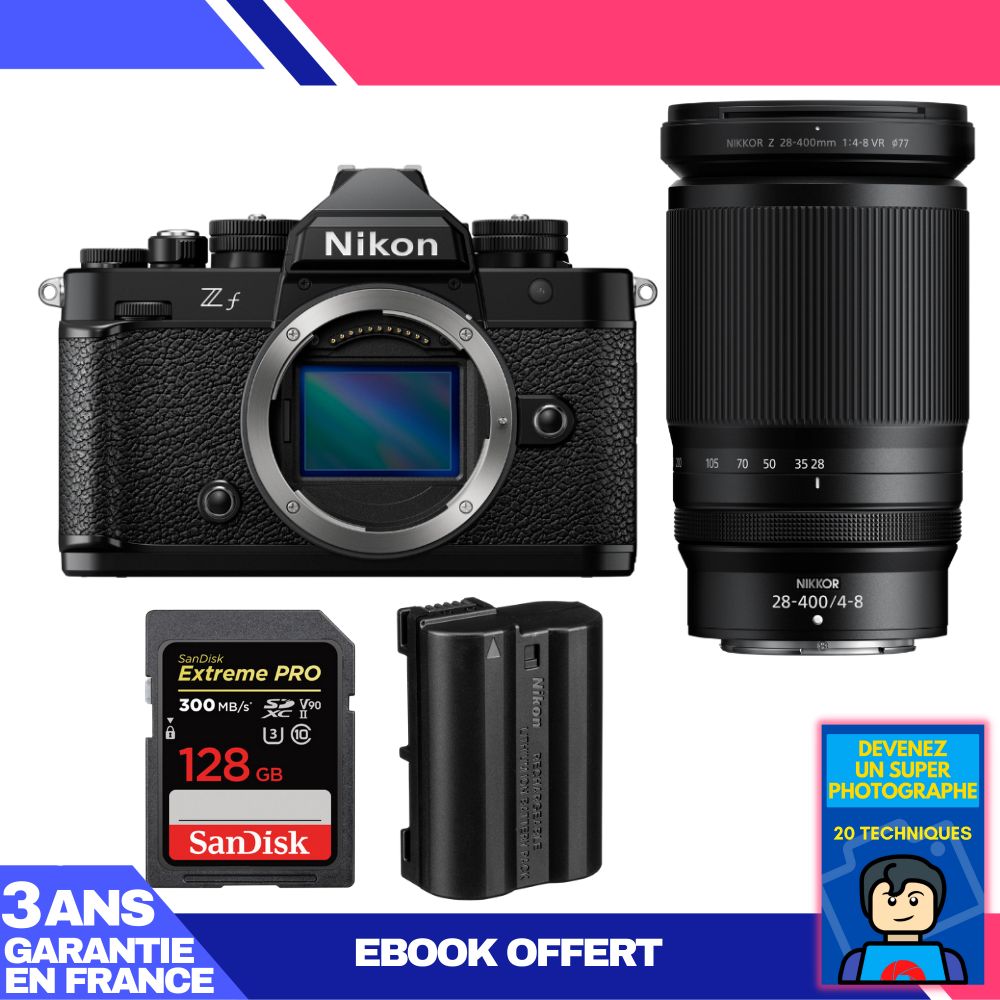 Appareil photo Nikon Zf + Objectif 28-400mm f/4-8 VR + 1 Carte SanDisk 128 Go Extreme PRO UHS-II SDXC 300 Mo/s + 1 Batterie Nikon EN-EL15C + Ebook 'Devenez un super photographe'
