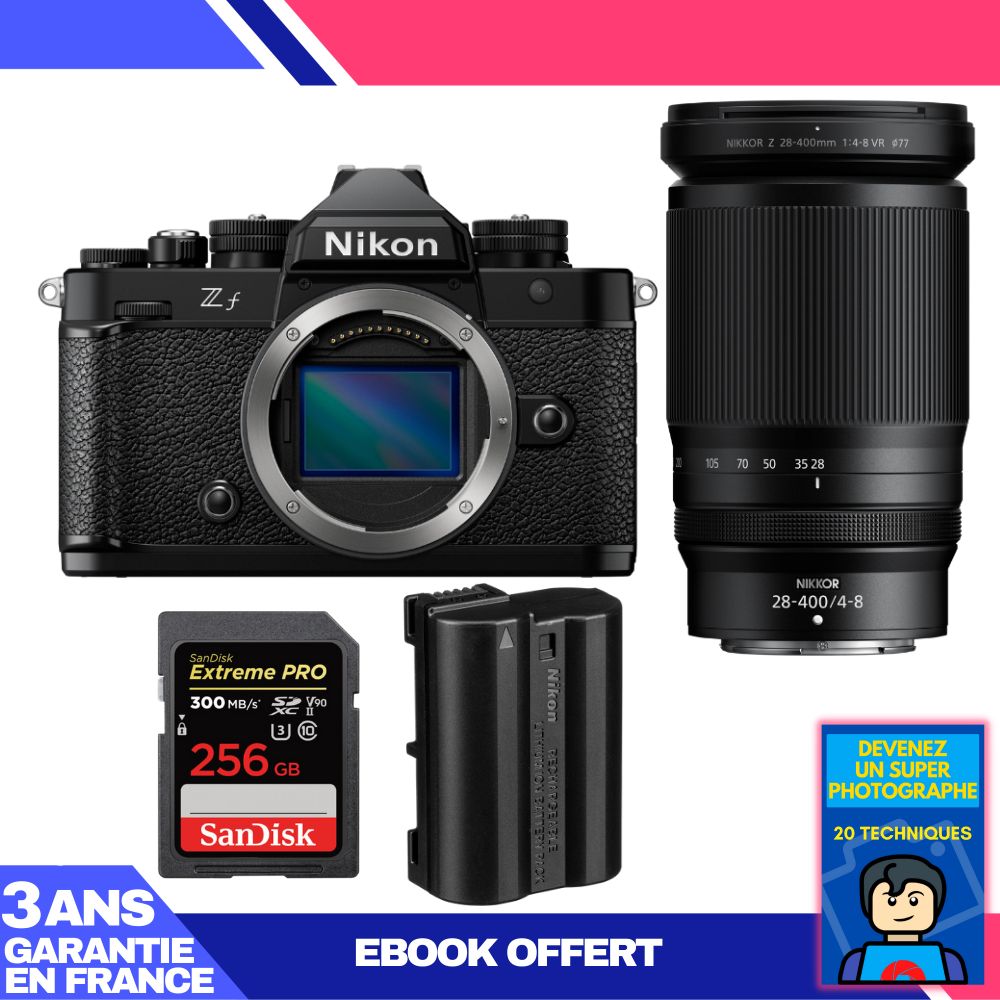 Appareil photo Nikon Zf + Objectif 28-400mm f/4-8 VR + 1 Carte SD SanDisk 256 Go Extreme PRO UHS-II 300 Mo/s + 1 Batterie Nikon EN-EL15C + Ebook 'Devenez un Super Photographe'