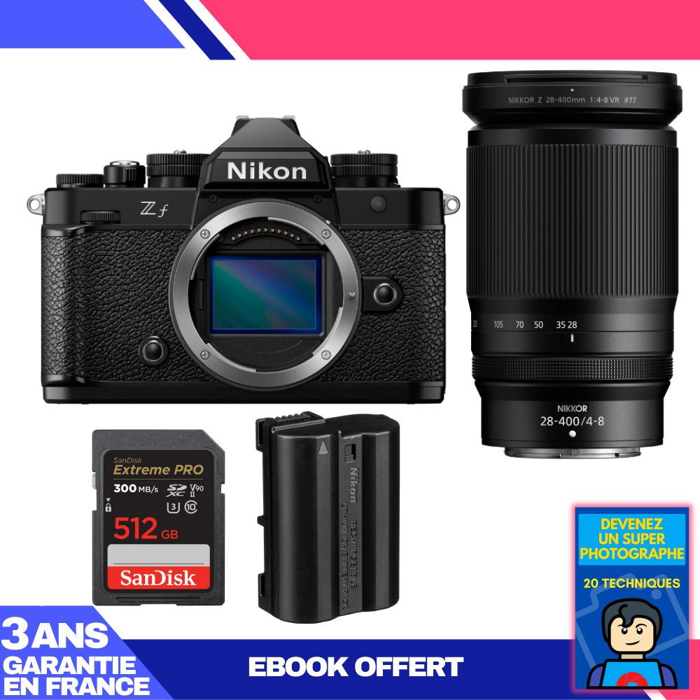 Kit Nikon Zf avec objectif 28-400mm f/4-8 VR + carte SDXC SanDisk 512 Go + batterie EN-EL15C
