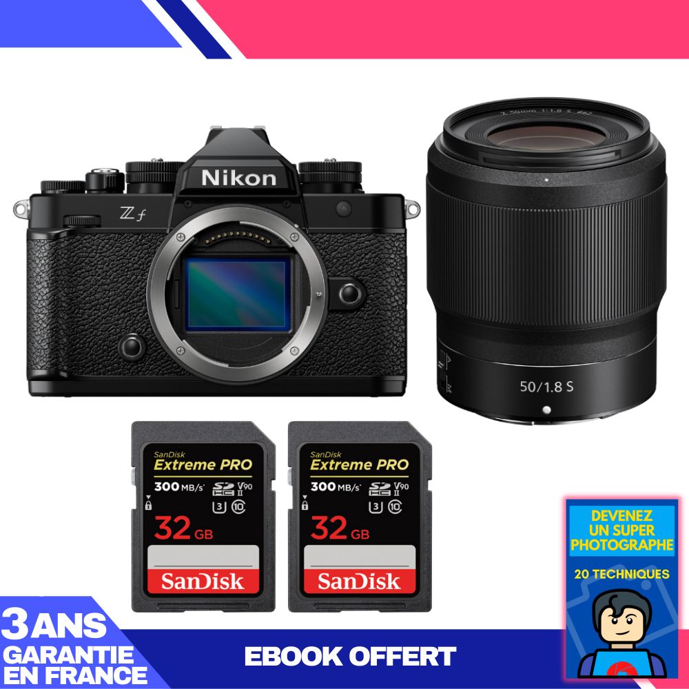 Boîtier Nikon Zf + Objectif 50mm f/1.8 S + 2 Cartes SD 32 Go SanDisk Extreme PRO UHS-II + Ebook 'Devenez un Photographe Suprême'