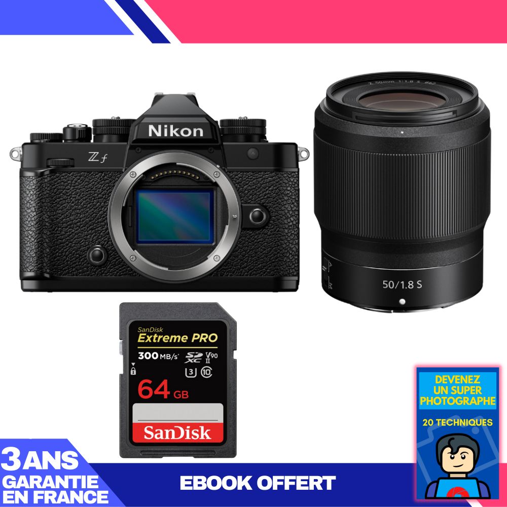Appareil photo Nikon Zf + Objectif 50 mm f/1,8 S + Carte SD 64 Go SanDisk Extreme PRO UHS-II + Guide 'Devenez un Photographe Super'