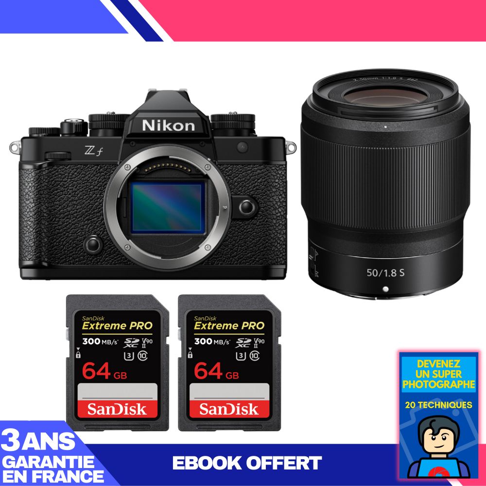 Boîtier Nikon Zf + Objectif 50mm f/1.8 S + 2 Cartes mémoire SanDisk 64 Go Extreme PRO UHS-II SDXC 300 Mo/s + Livre électronique 'Devenez un Super Photographe'