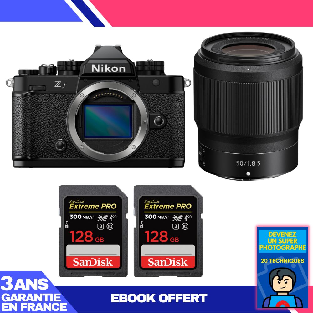 Appareil photo Nikon Zf + Objectif 50 mm f/1.8 S + 2 Cartes mémoire SanDisk Extreme PRO UHS-II 128 Go + Ebook 'Devenez un Photographe Extraordinaire'
