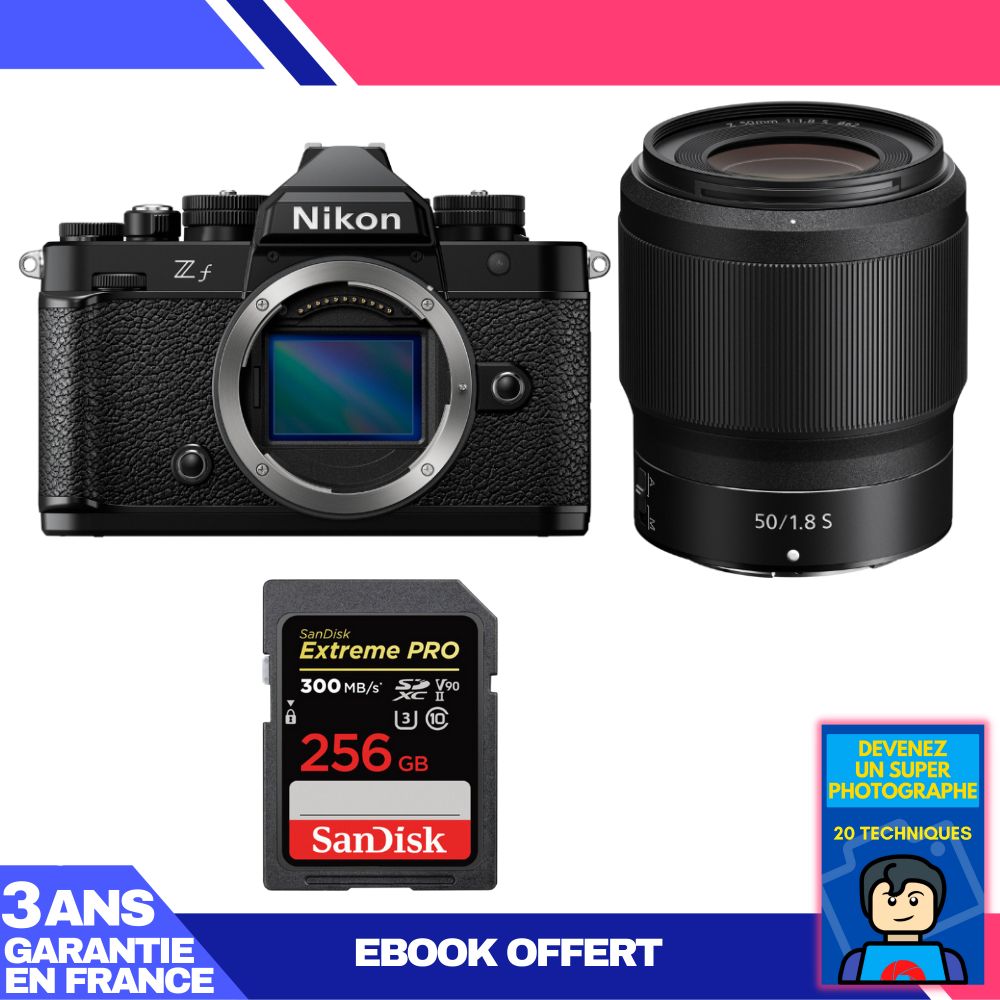 Appareil photo Nikon Zf + Objectif 50 mm f/1,8 S + Carte SD 256 Go SanDisk Extreme PRO + Guide électronique 'Devenez un super photographe'