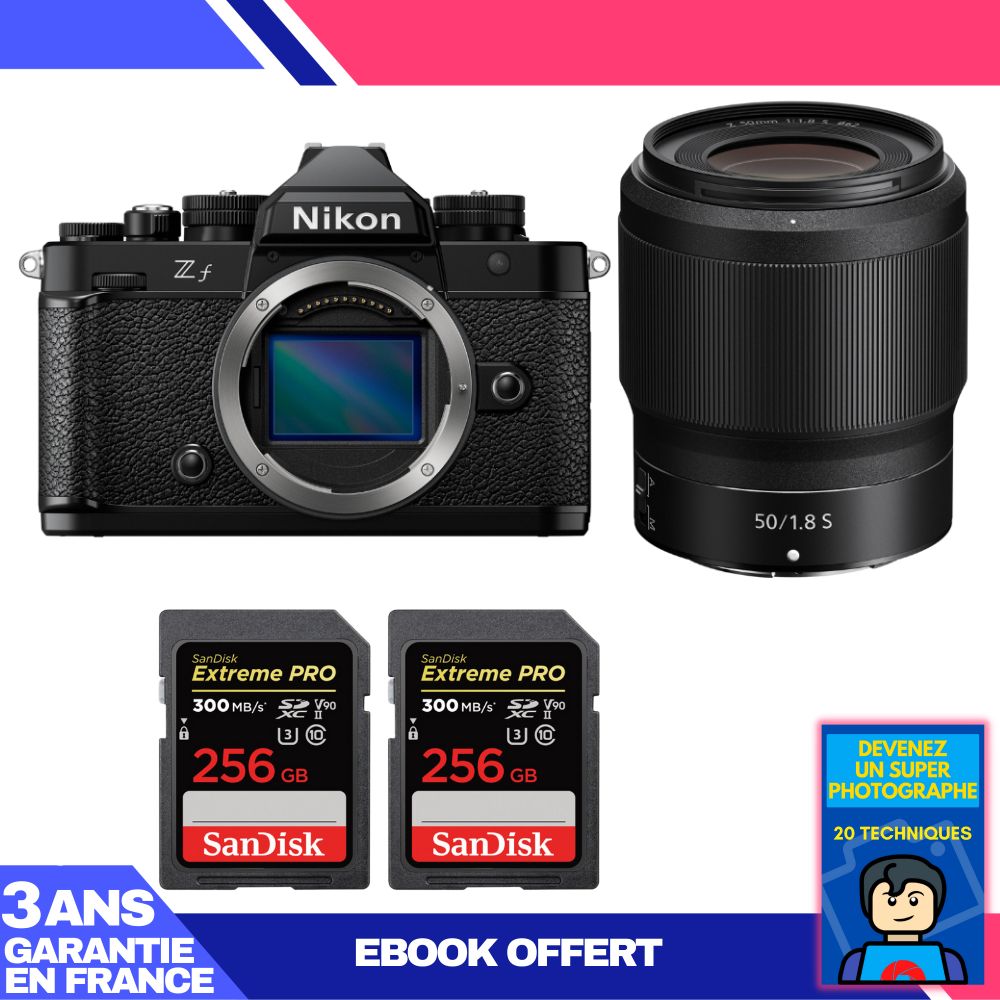 Appareil photo Nikon Zf + objectif 50mm f/1.8 S + 2 cartes mémoire SanDisk Extreme PRO 256 Go + ebook 'Devenez un super photographe'