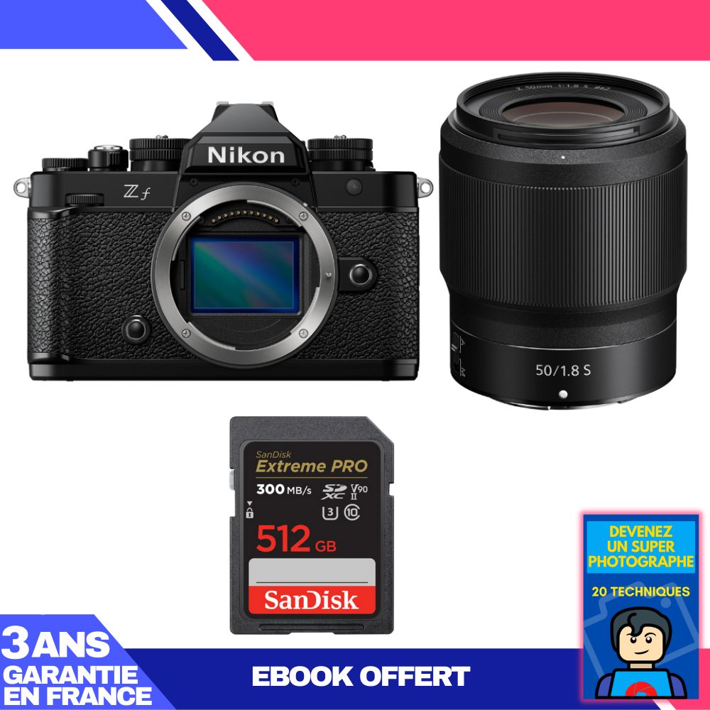 Appareil photo Nikon Zf + Objectif 50mm f/1.8 S + Carte SD SanDisk 512 Go Extreme PRO UHS-II + Guide 'Devenez un Photographe Suprême'