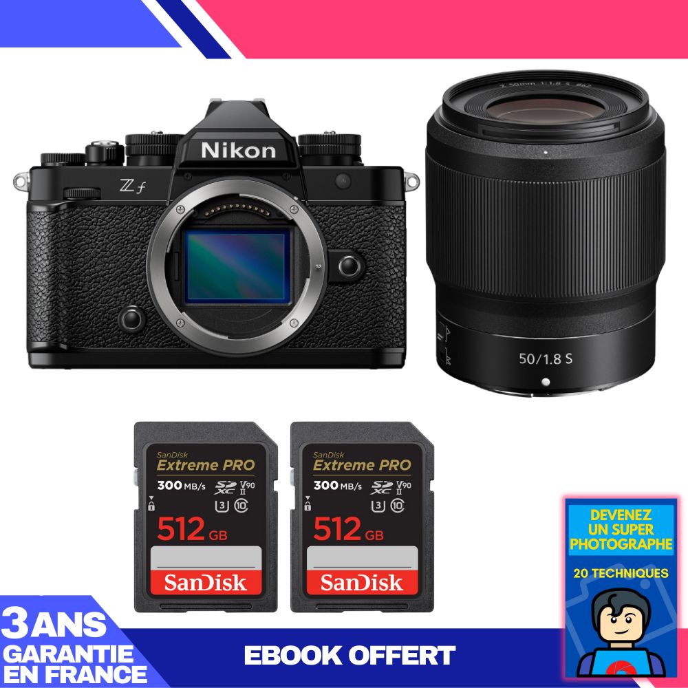 Boîtier Nikon Zf + Objectif 50mm f/1.8 S + 2 Cartes SanDisk 512 Go Extreme PRO UHS-II SDXC + Ebook : Devenez un Photographe Exceptionnel