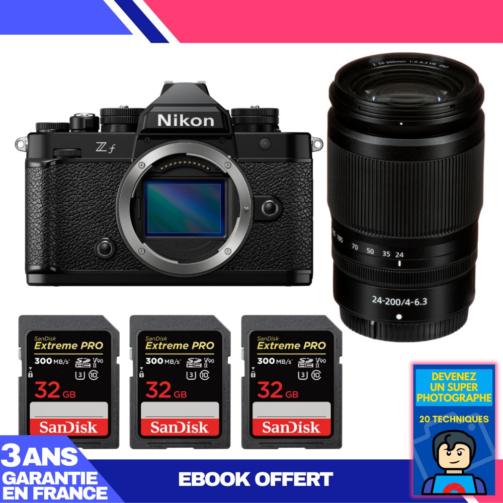 Nikon Zf Camera + 24-200mm f/4-6.3 VR Lens + 3 SanDisk 32GB Extreme PRO UHS-II SDXC Cards + Ebook: Become a Super Photographer