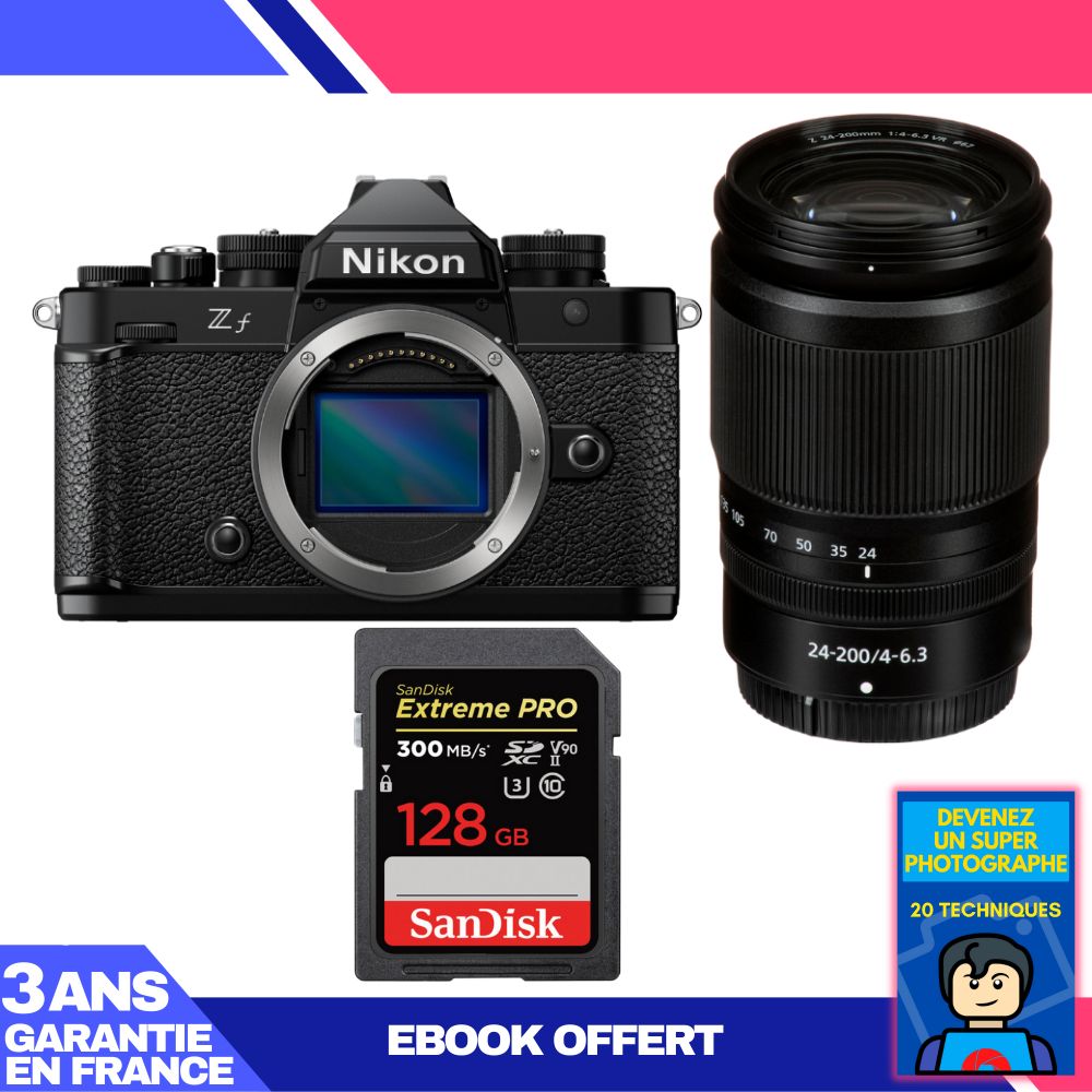 Nikon Zf Camera + 24-200mm f/4-6.3 VR Lens + 1 SanDisk 128GB Extreme PRO UHS-II SDXC Card (300 MB/s) + 'Become a Super Photographer' Ebook