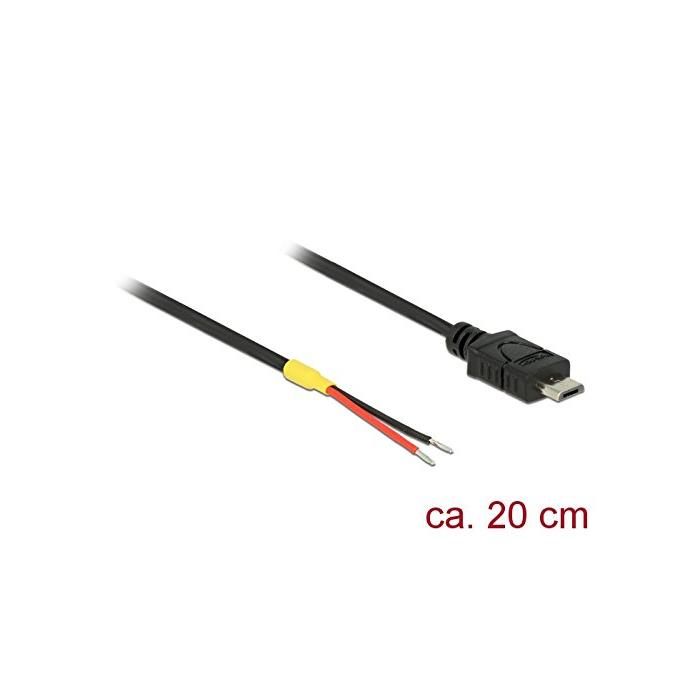 Cable USB Micro-B Delock a 2 cables de alimentación sueltos, 20 cm Negro Rojo