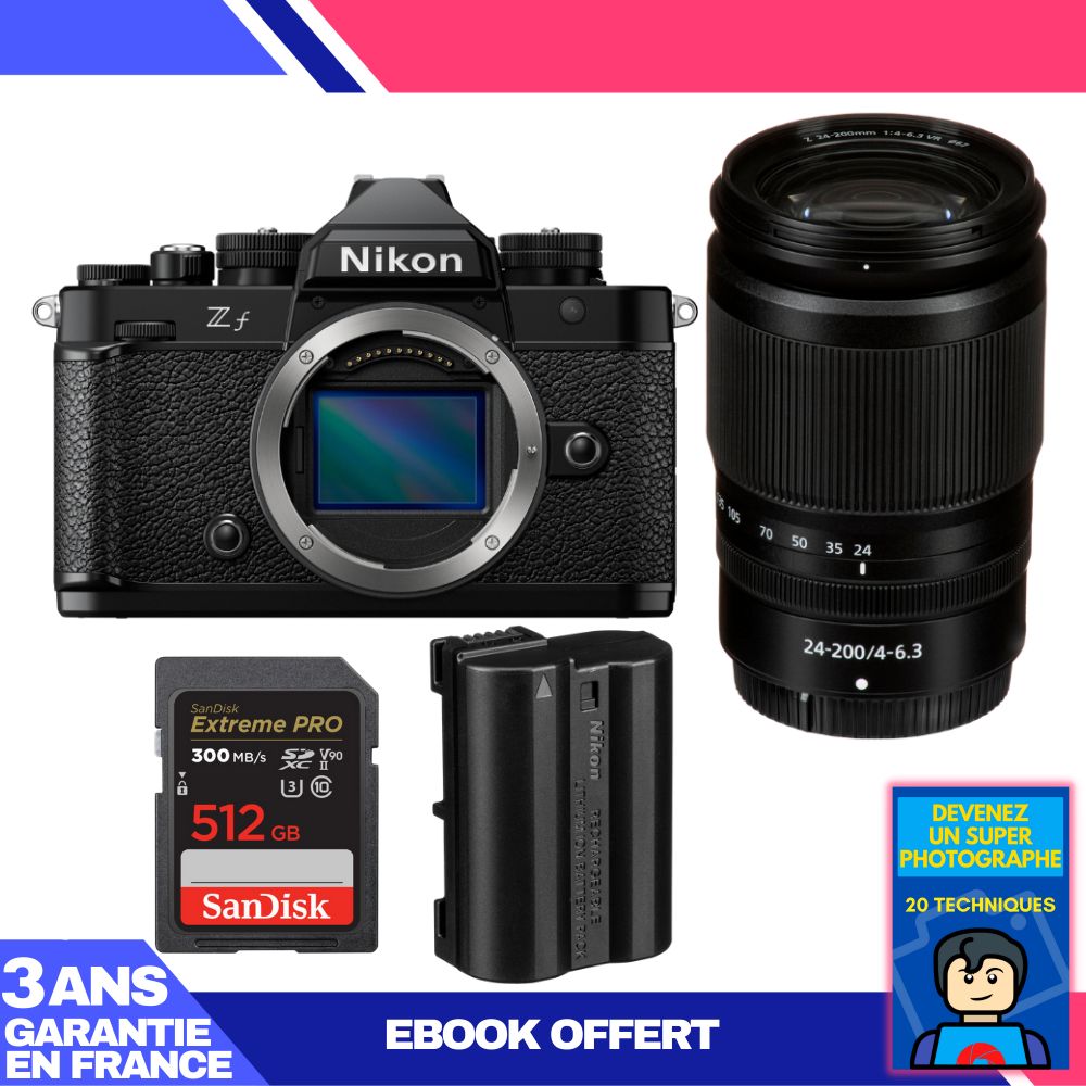 Nikon Zf Camera + 24-200mm f/4-6.3 VR Lens + 1 SanDisk 512GB Extreme PRO UHS-II SDXC Card + 1 Nikon EN-EL15C Battery + Ebook 'Become a Super Photographer'
