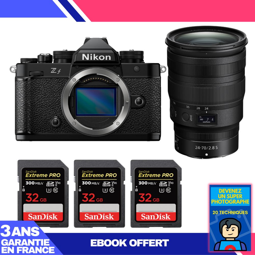 Nikon Zf Camera + 24-70mm f/2.8 S Lens + 3x 32GB SanDisk Extreme PRO UHS-II SDXC Memory Cards + 'Become a Super Photographer' Ebook